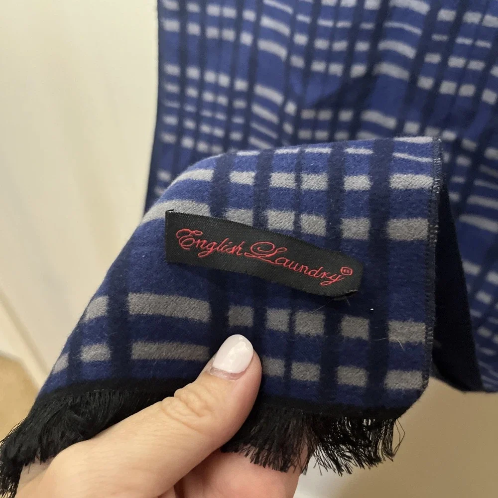 English Laundry Felt Silk‎ Scarf Navy Blue Plaid Fringe 70